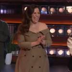 Lindsay Mendez’s brown trench dress on The Kelly Clarkson Show