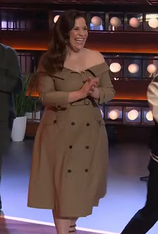Lindsay Mendez's brown trench dress on The Kelly Clarkson Show