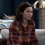 Elizabeth’s brown plaid button front top on General Hospital