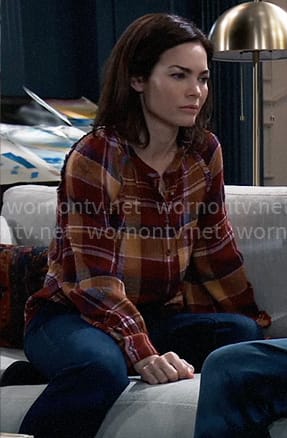 Elizabeth's brown plaid button front top on General Hospital