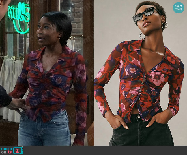 Maeve at Anthropologie Sheer Ruched Buttondown Blouse in Red Motif worn by Trina Robinson (Tabyana Ali) on General Hospital