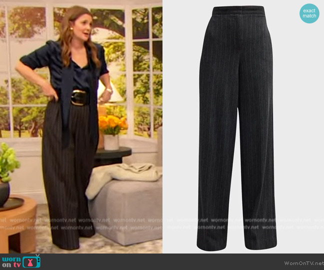 Max Mara Rea Pinstripe Wide-Leg Pants worn by Drew Barrymore on The Drew Barrymore Show