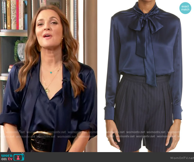 Max Mara Tenebre Tie Neck Long Sleeve Silk Blouse worn by Drew Barrymore on The Drew Barrymore Show