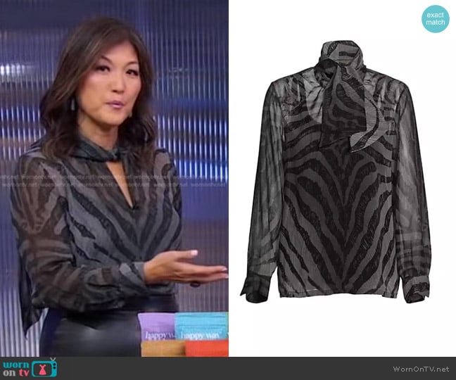 Max Mara Zebra Print Scarfneck Blouse worn by Juju Chang on Good Morning America