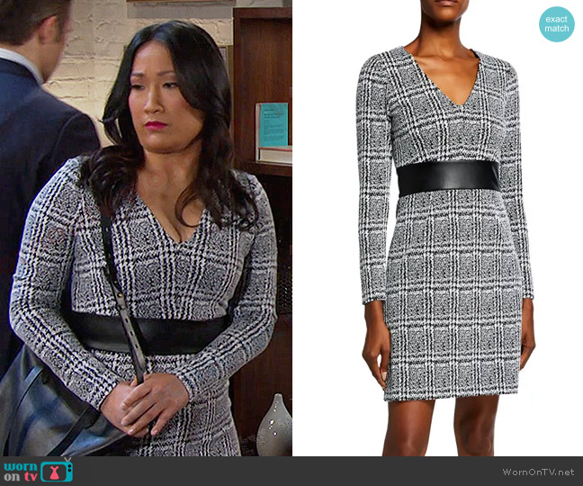 MICHAEL Michael Kors Plaid Jacquard V Neck Sheath Dress worn by Melinda Trask (Tina Huang) on Days of our Lives