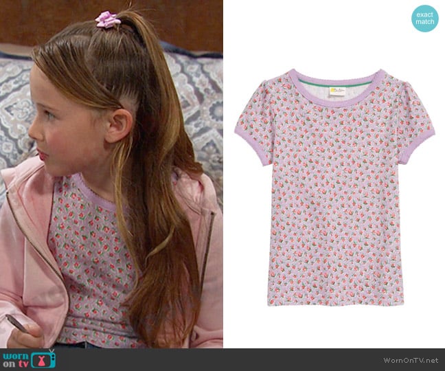 Mini Boden Kids' Floral Print Scallop Trim Cotton Top worn by Rachel Black (Finley Rose Slater) on Days of our Lives