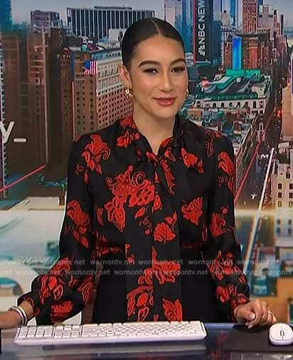 Morgan’s black and red print tie neck blouse on NBC News Daily