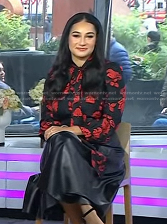 Morgan's black floral tie neck blouse on Today