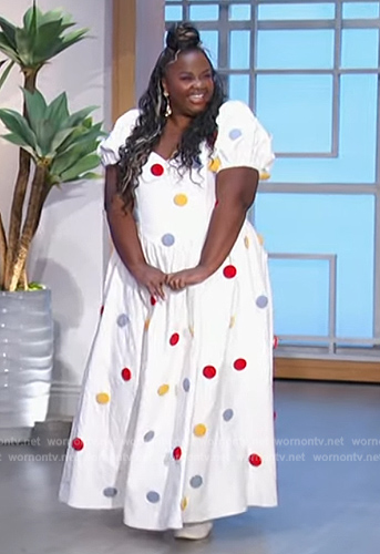 Nicole Byer's white polka dot print dress on The Talk