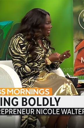 Nicole Walters' green printed shirtdress and gold skirt on CBS Mornings