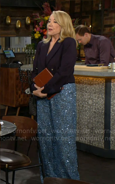 Nikki's blue sequin pants and cropped blazer on The Young and the Restless