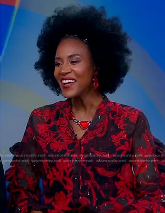 Nikki Russell's red and black floral ruffle blouse on Good Morning America