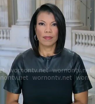Nikole Killion's black leather short sleeve dress on CBS Mornings