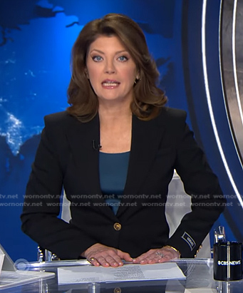 Norah's black single-breasted blazer on CBS Evening News