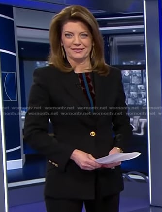 Norah's black single-breasted blazer on CBS Evening News