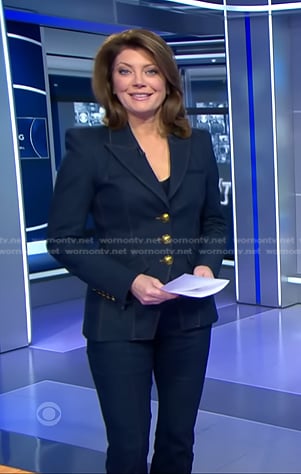 Norah’s denim blazer with gold buttons on CBS Evening News