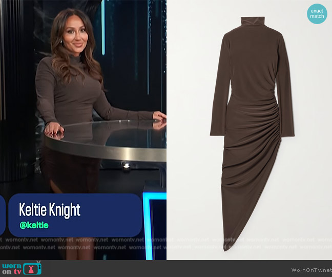 Norma Kamali Asymmetric ruched stretch-jersey turtleneck midi dress worn by Adrienne Houghton on E! News