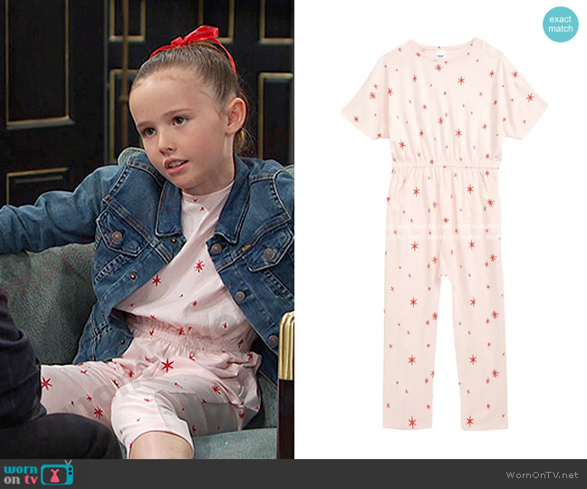 Open Edit Kids' Polka Dot Print Jumpsuit in Pink Dogwood Festive Stars worn by Rachel Black (Finley Rose Slater) on Days of our Lives