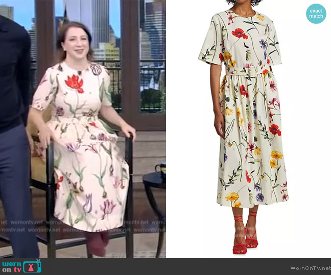 Oscar de la Renta Floral Short-Sleeve Crew Midi Day Dress worn by Elle Key on Live with Kelly and Mark