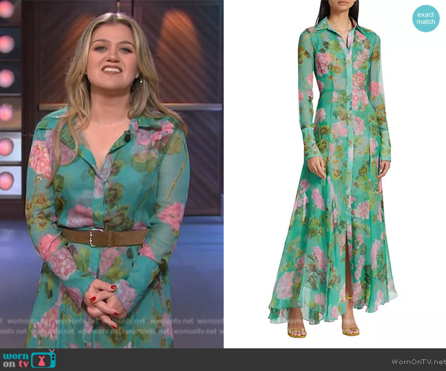 Oscar de la Renta Geranium Print Long Sleeve Silk Chiffon Maxi Dress worn by Kelly Clarkson on The Kelly Clarkson Show