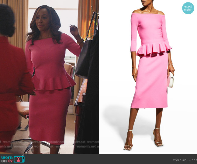 Oscar de la Renta Off-the-shoulder stretch-knit peplum top worn by Lola Carmichael (Simone Missick) on All Rise