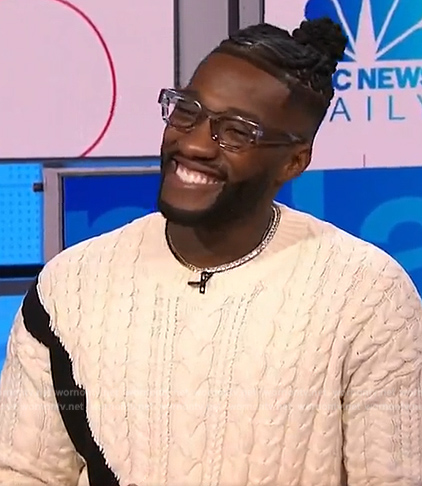 Pastor Mike Todd’s two-tone cable knit sweater on NBC News Daily