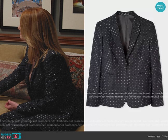 Paul Smith Black Polka Dot One-Button Cotton-Stretch Blazer worn by Lisa Benner (Marg Helgenberger) on All Rise