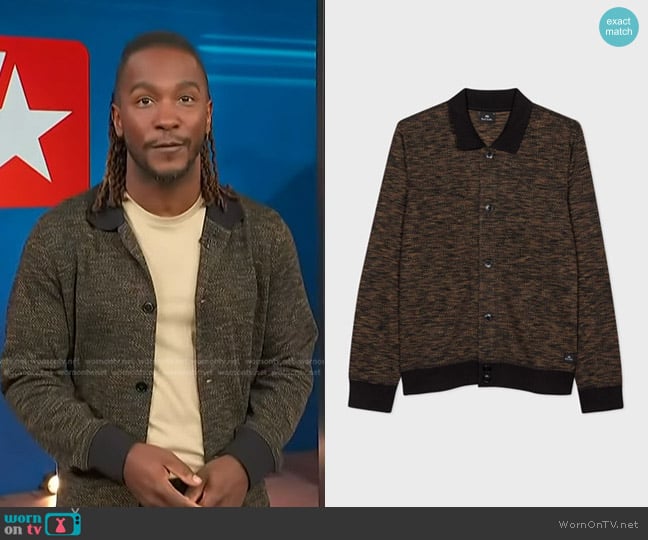 PS Paul Smith Multi Dot Jersey Cardigan worn by Scott Evans on Access Hollywood