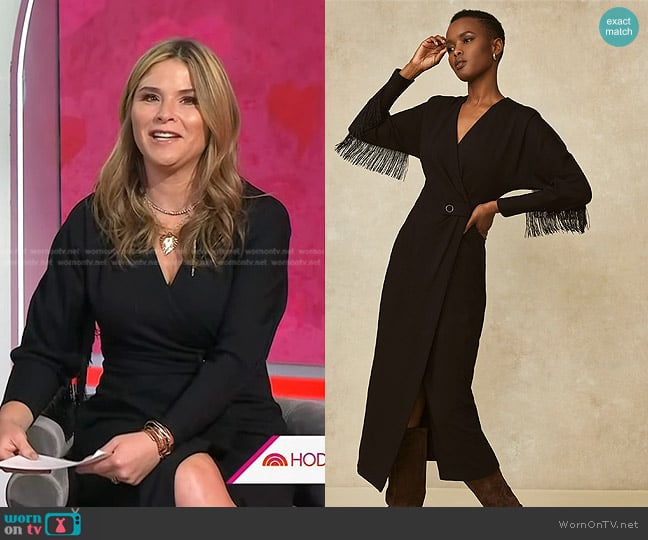 Pearl by Lela Rose Ponte Fringe Detail Wrap Dress worn by Jenna Bush Hager on Today