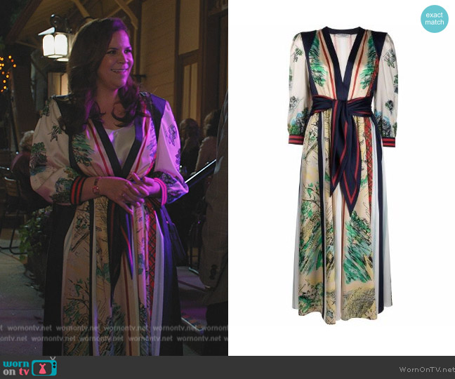 Philosophy Di Lorenzo Serafini Striped scarf print midi dress worn by Sara Castillo (Lindsay Mendez) on All Rise