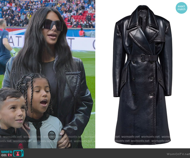 Prada Double-breasted leather trench coat worn by Kim Kardashian (Kim Kardashian) on The Kardashians