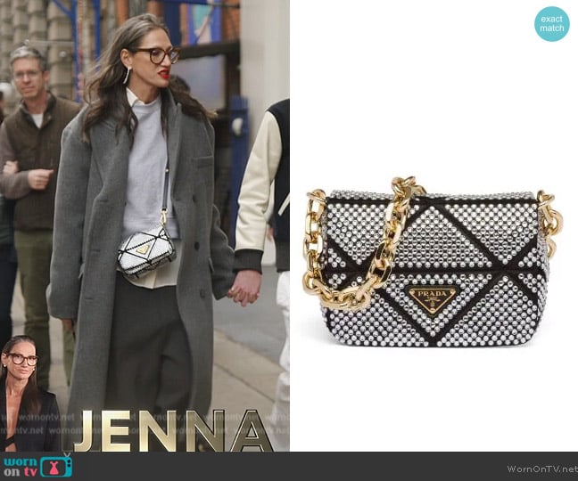 Prada Mini crystal-embellished triangle logo shoulder bag worn by Jenna Lyons on The Real Housewives of New York City