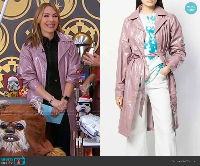 Rains Holographic Raincoat in Dusky Pink worn by Lori Bergamotto on Good Morning America