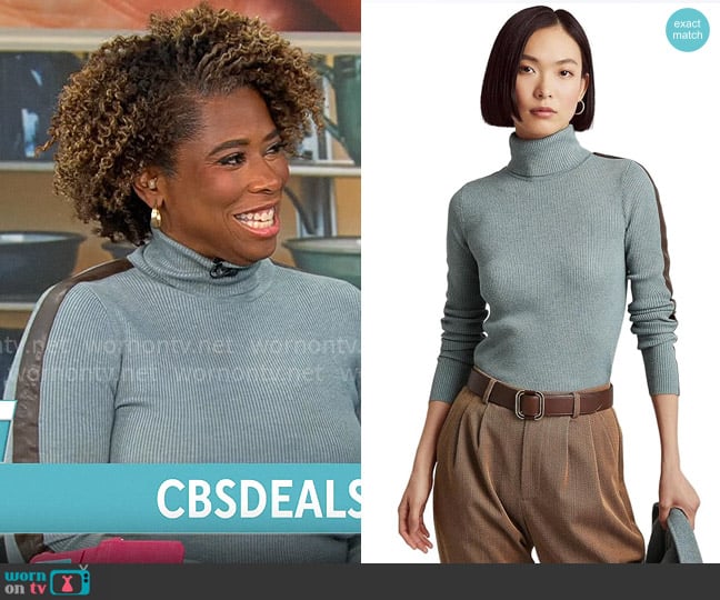 LAUREN Ralph Lauren Faux-Leather-Trim Turtleneck Sweater worn by Gayle Bass on CBS Mornings