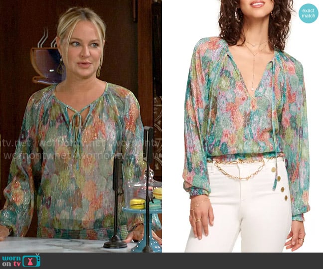 Ramy Brook Hawkins Top in Garden Foil worn by Sharon Newman (Sharon Case) on The Young and the Restless