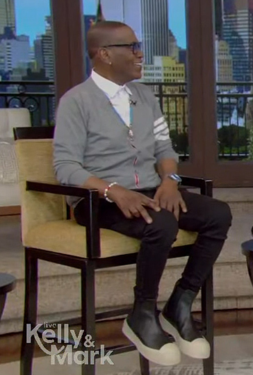 Randy Jackson's gray sleeve stripe cardigan on Live with Kelly and Mark