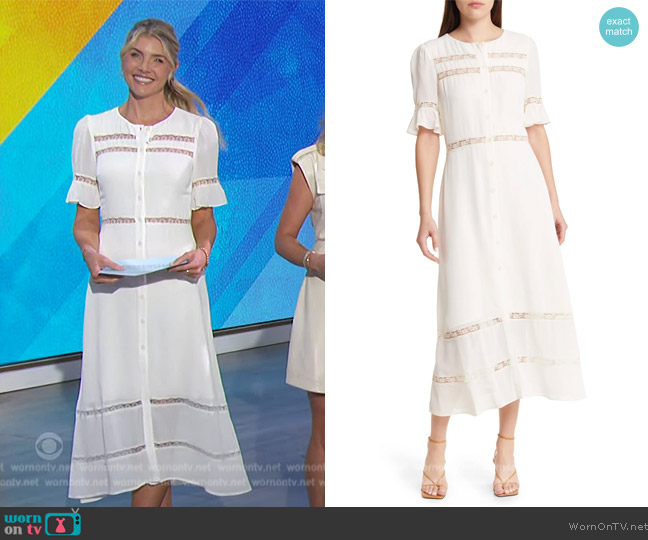 Reformation + NET SUSTAIN Woodson lace-trimmed ruffled georgette midi dress worn by Amanda Kloots on The Talk