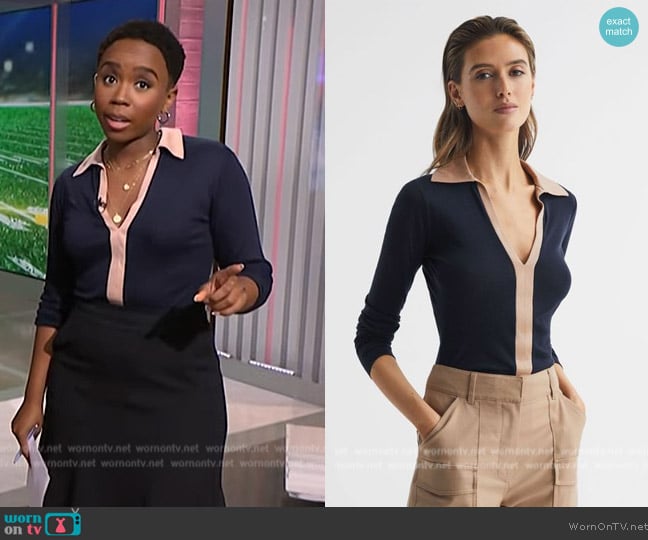 Reiss Allie Collared V-neck Top worn by Zinhle Essamuah on NBC News Daily