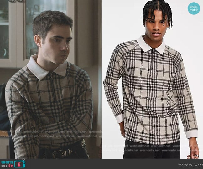 River Island  Brushed plaid polo in gray worn by Nico Fernández (Ander Puig) on Elite