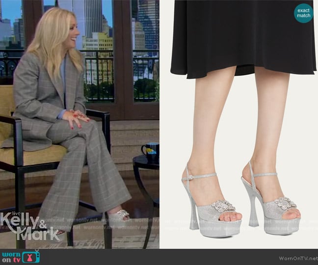 Roger Vivier Glitter Flower-Buckle Platform Sandals worn by Jane Krakowski on Live with Kelly and Mark