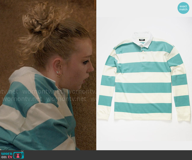 RSQ Classic Mens Rugby Shirt in Aqua worn by Shelby Brubaker (Emma Halleen) on American Horror Stories