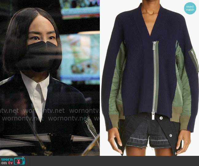 Sacai Hybrid Wool & Nylon Twill MA-1 Sweater Jacket worn by Stella Bak (Greta Lee) on The Morning Show