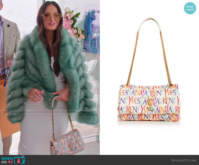 Saint Laurent Jamie Medium Logo Print Quilted Silk Crossbody worn by Lisa Barlow on The Real Housewives of Salt Lake City