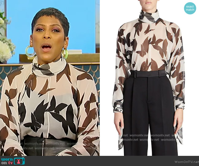 Saint Laurent Butterfly-Print Turtleneck Chiffon Blouse worn by Tamron Hall on Tamron Hall Show