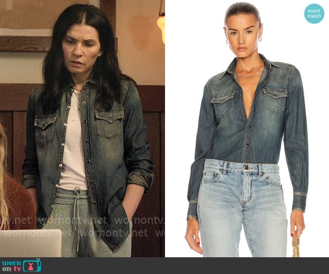 Saint Laurent Classic Western Shirt worn by Laura Peterson (Julianna Margulies) on The Morning Show