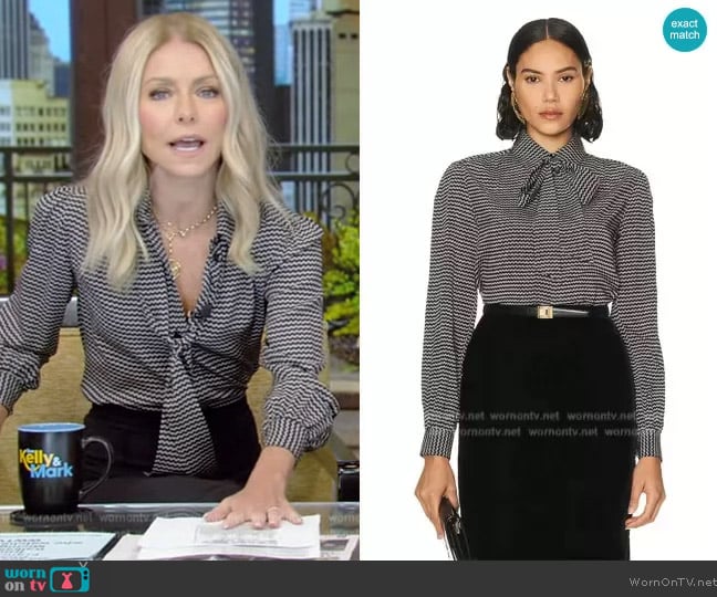 Saint Laurent Lavalliere Neck Blouse worn by Kelly Ripa on Live with Kelly and Mark