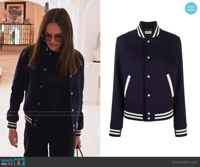 Saint Laurent Teddy Logo Patch Wool Blend Bomber Jacket worn by Meredith Marks on The Real Housewives of Salt Lake City