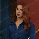 Sally’s teal blue ruched front top on The Young and the Restless