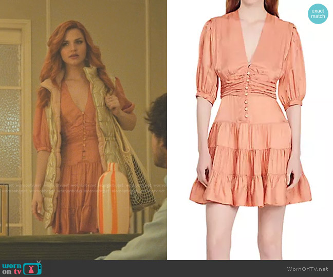 Sandro Mylene Gathered Button-Front Minidress in Salmon worn by Chloe (Mirela Balic) on Elite