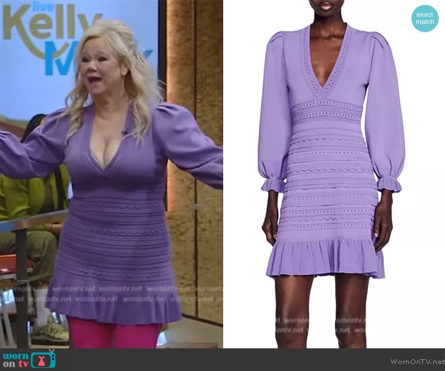 Sandro Ombre balloon-sleeved V-neck stretch-knit mini dress worn by Caroline Rhea on Live with Kelly and Mark